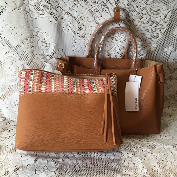 NWT JUSTFAB SATCHEL, OUT OF OFFICE, COGNAC MULTI - Picture 1 of 11